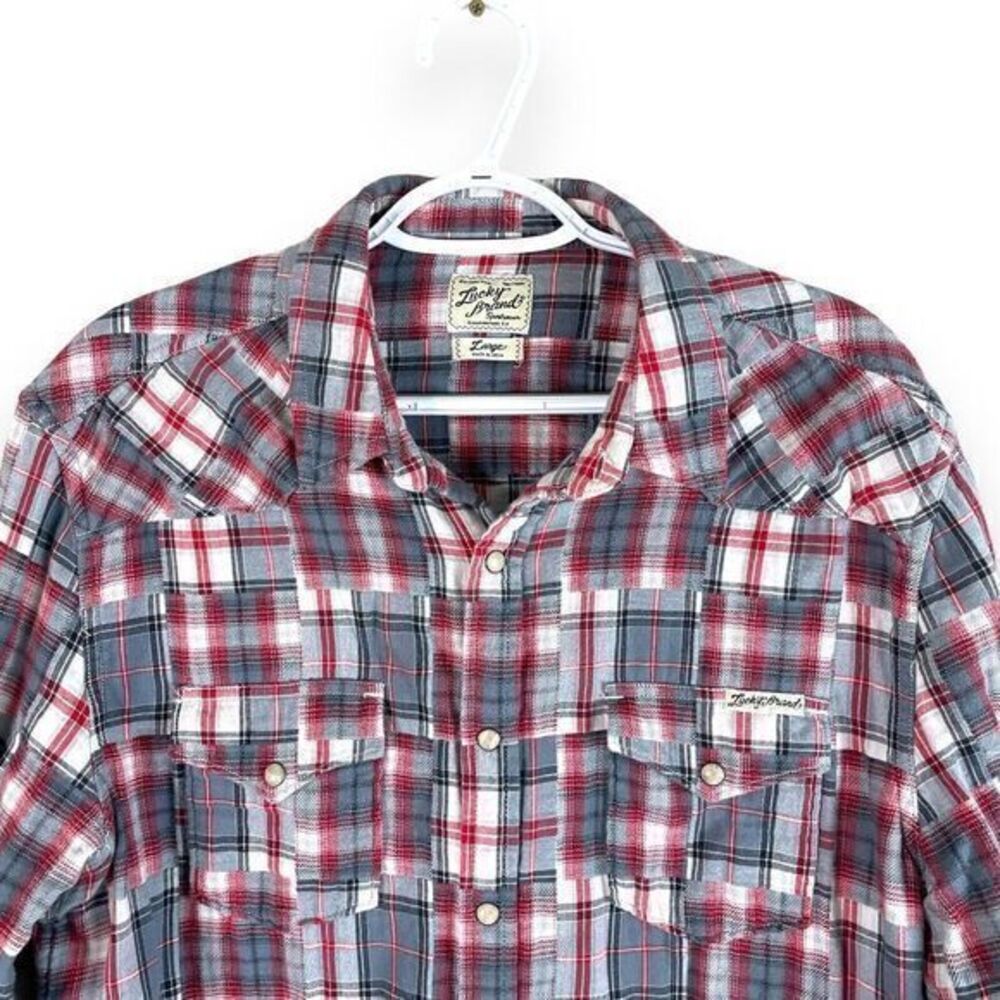 Lucky Brand Western Patch Shirt Mens L Gray Red Pearl Snap Cotton Long Sleeve